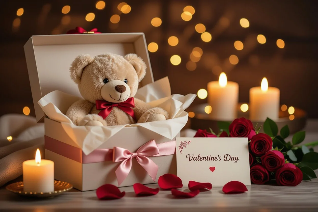 Romantic teddy bear gift presentation for Valentine's Day anniversary birthday