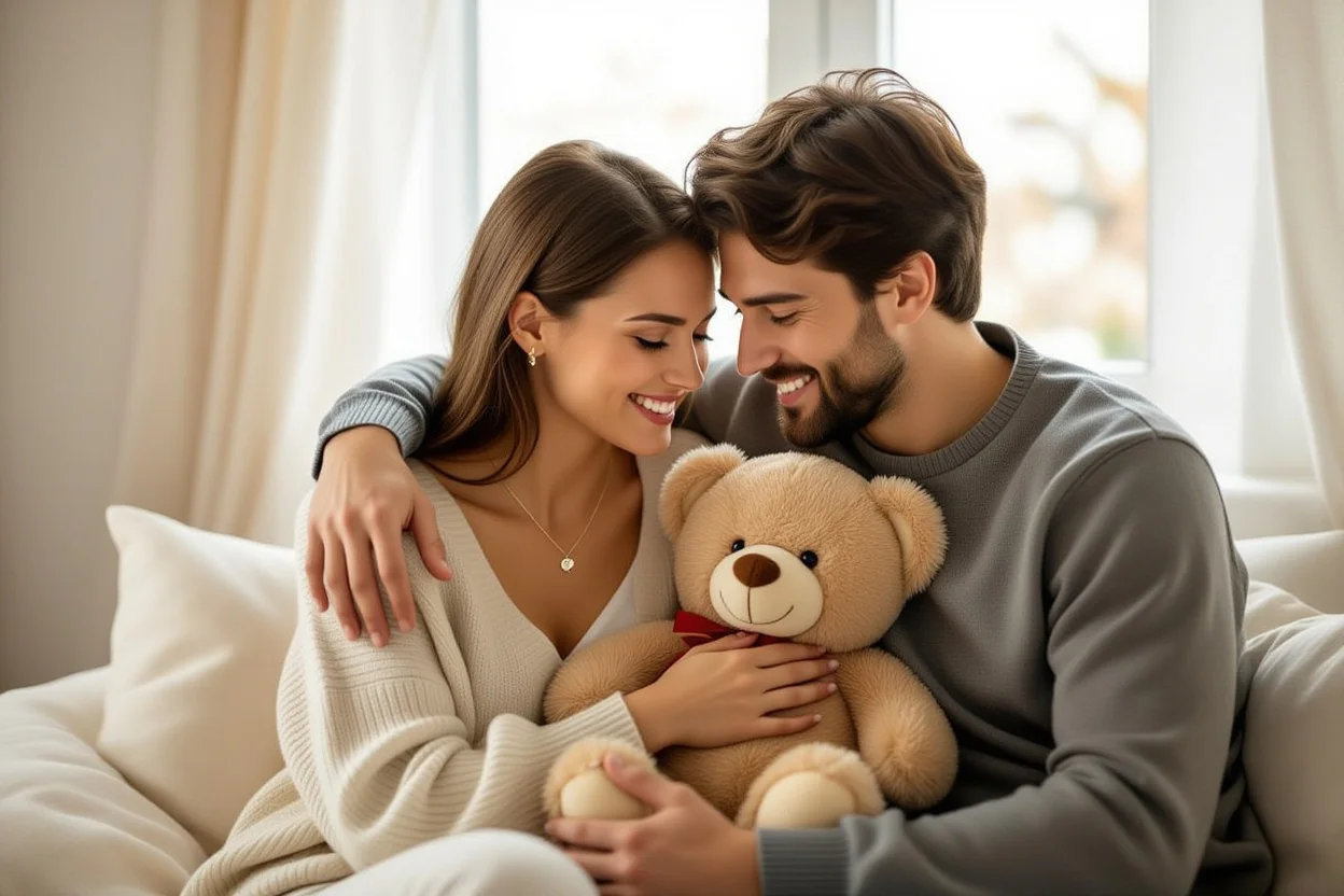 Happy couple enjoying romantic teddy bear and necklace gift moment together