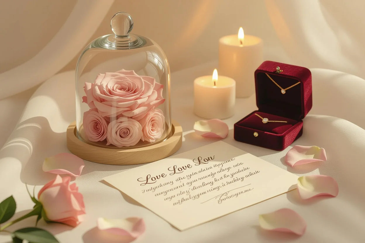 Romantic apology gift set with preserved roses, love letter, and jewelry for girlfriend