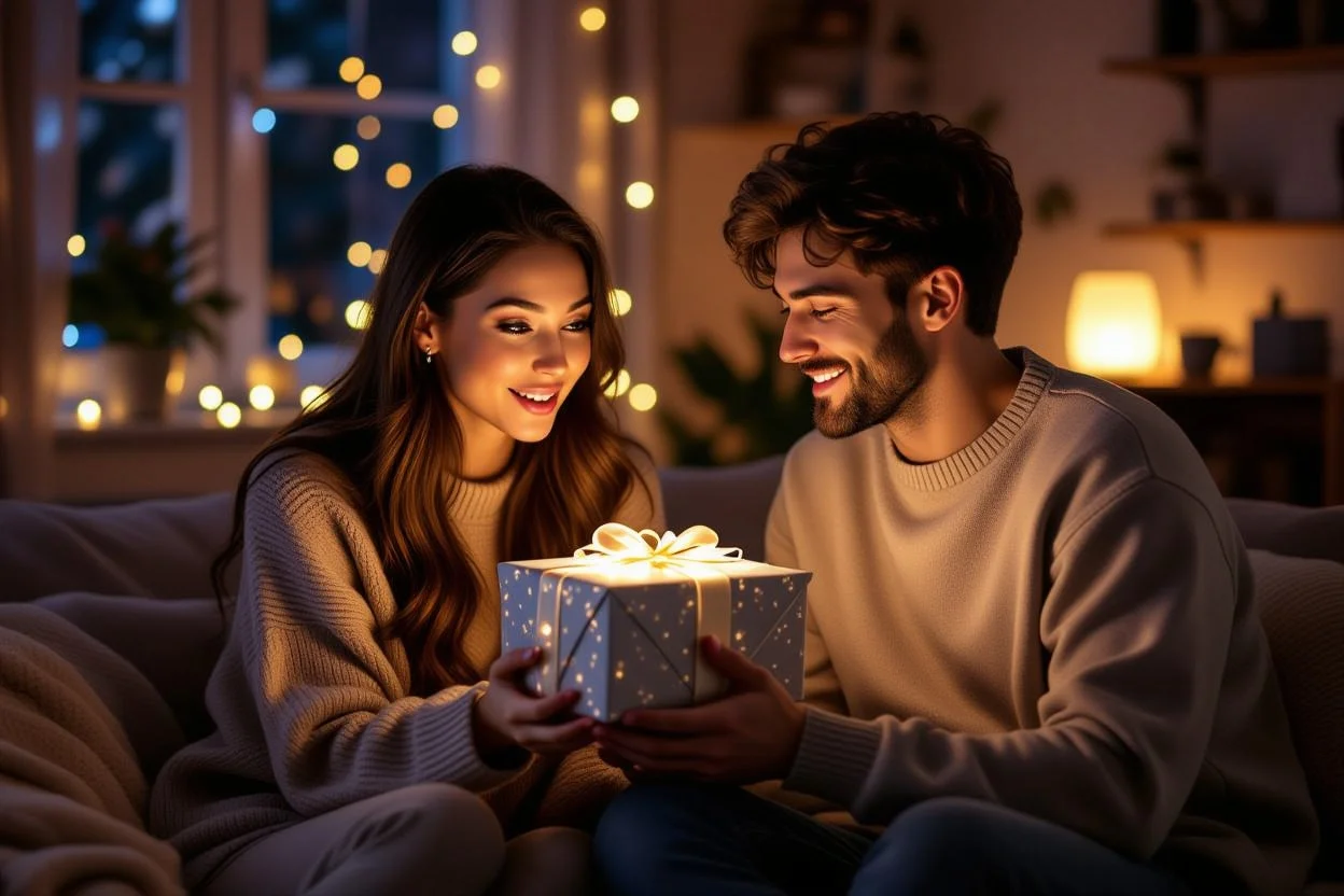 Couple reconciling with romantic birthday gift surprise at home