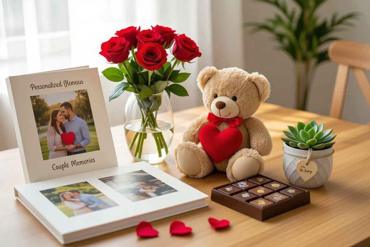 Romantic gift collection for girlfriend including teddy bear, roses, and personalized items