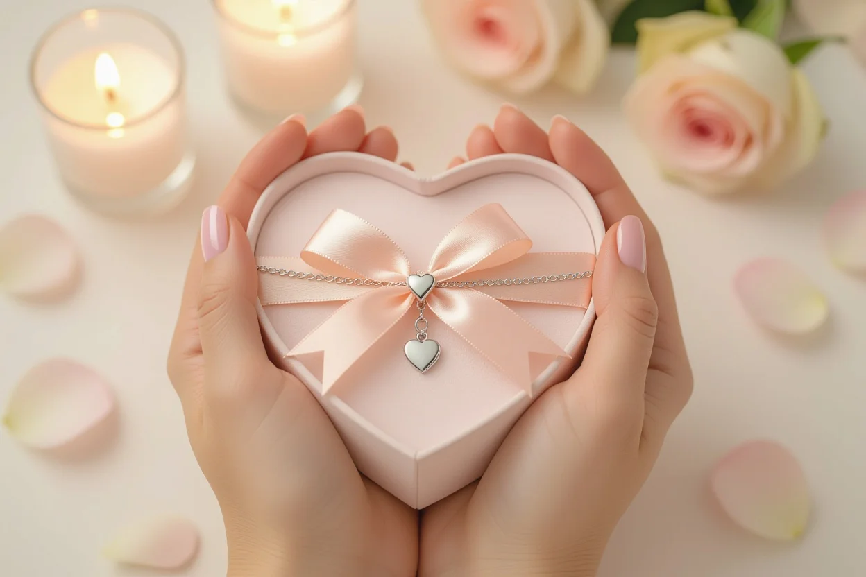 Heart-shaped gift box with silver bracelet romantic jewelry gift for Valentine's Day