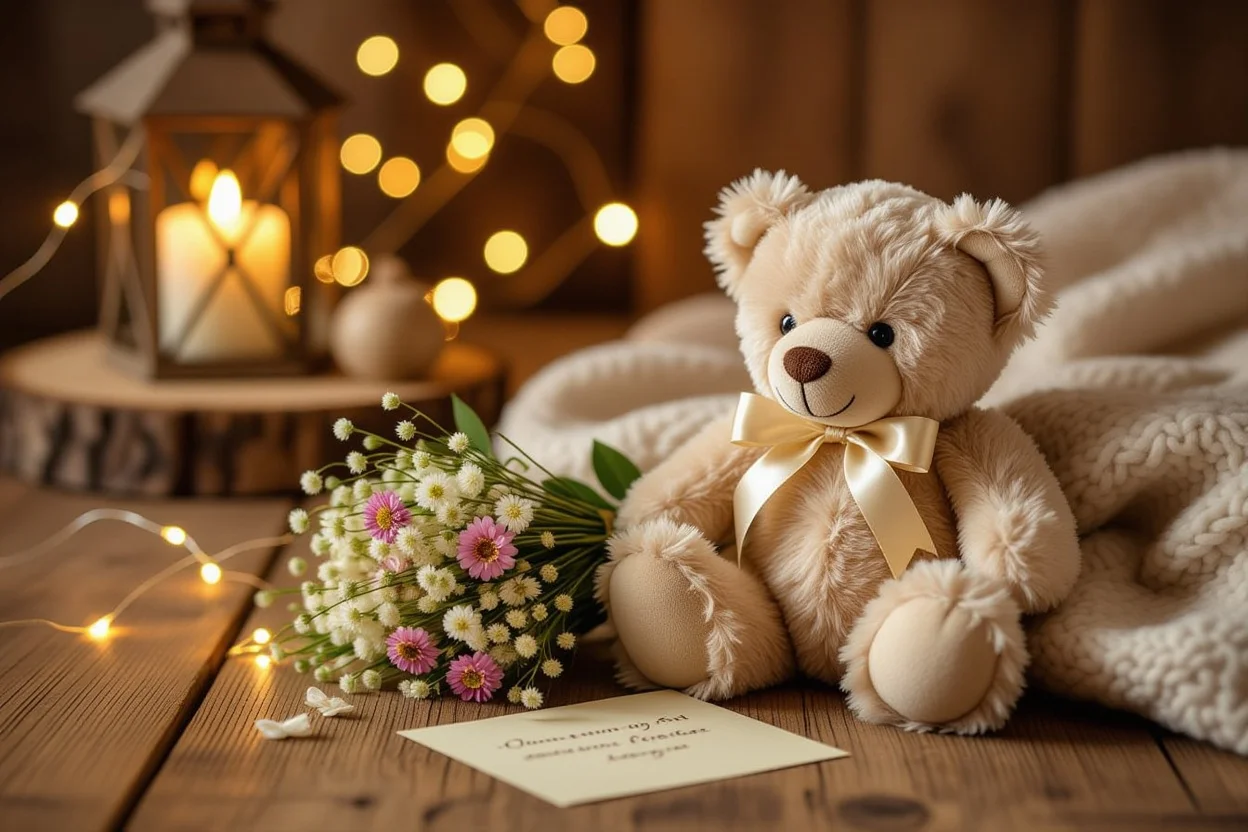 Elegant teddy bear gift arrangement with preserved flowers and fairy lights for romantic appreciation gifts
