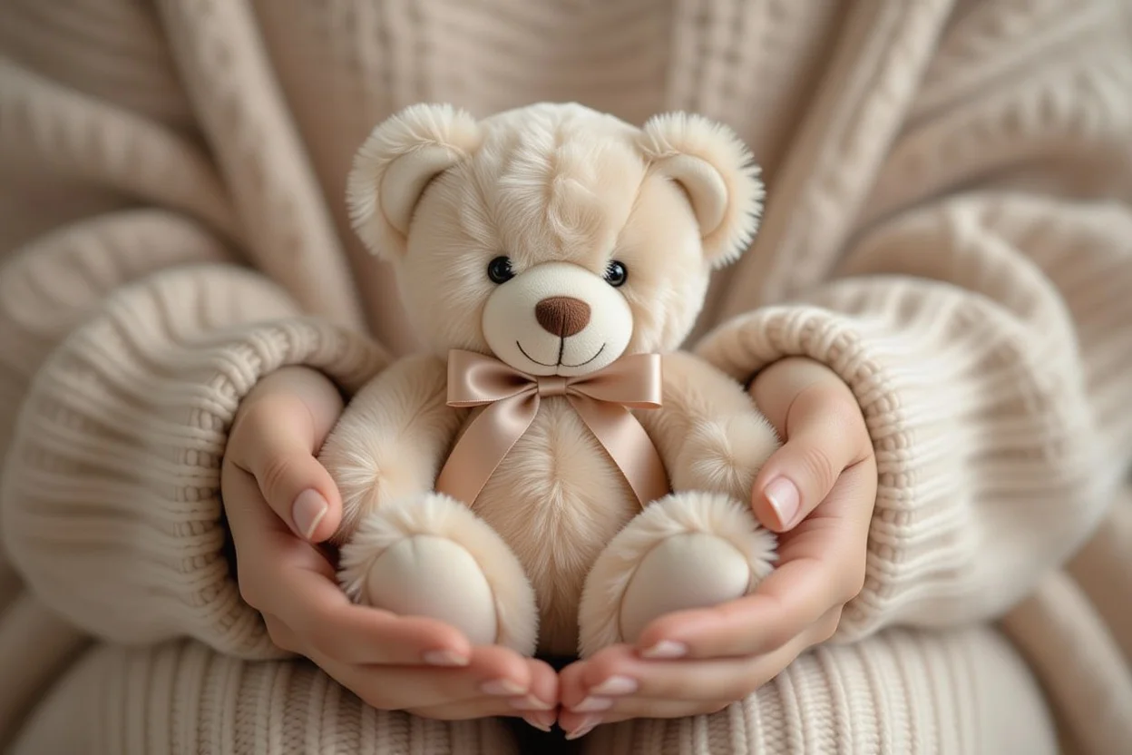 Hands holding luxury teddy bear gift showing craftsmanship and thoughtful appreciation present