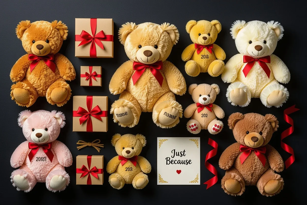 Flat lay of unique personalized teddy bear gifts and accessories for showing daily appreciation