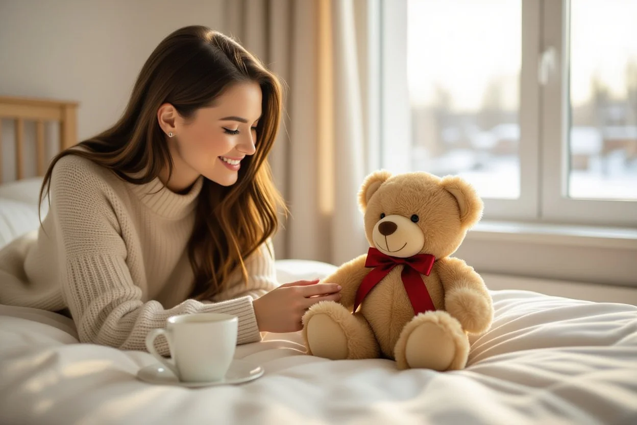 Surprise teddy bear gift moment showing everyday appreciation and thoughtful relationship gestures