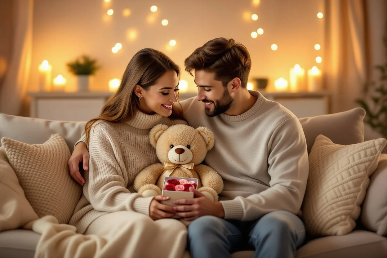 Romantic couple sharing intimate moment with surprise teddy bear gift containing hidden preserved flowers