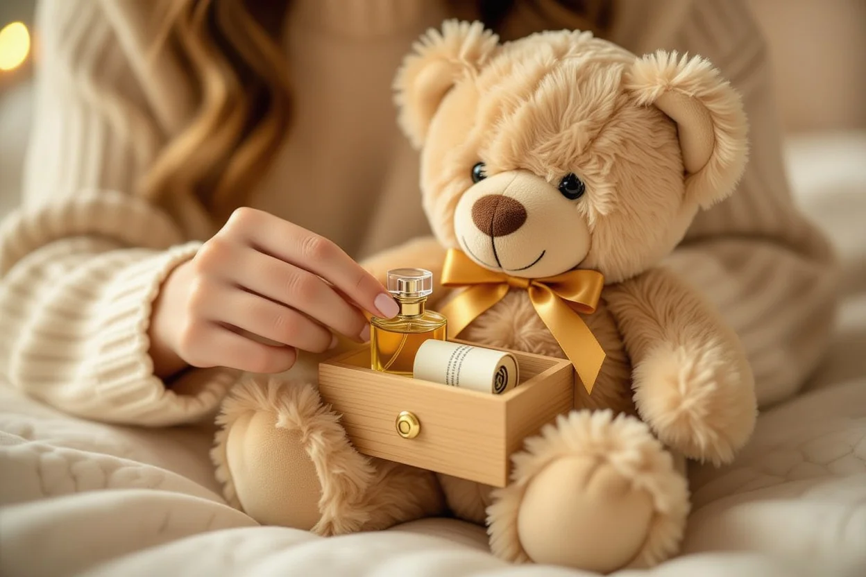 Woman's hands revealing hidden surprise compartment in teddy bear gift with romantic message and perfume