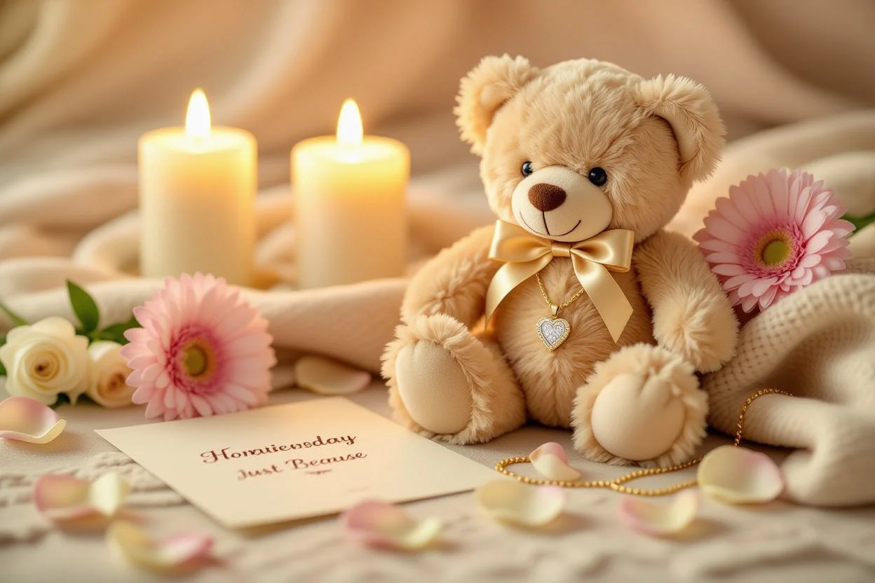 Romantic gift arrangement featuring surprise teddy bear with 