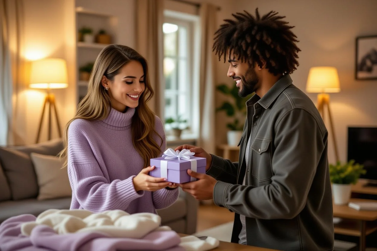 Man giving surprise gift to woman during everyday evening routine at home, showing spontaneous romantic gesture