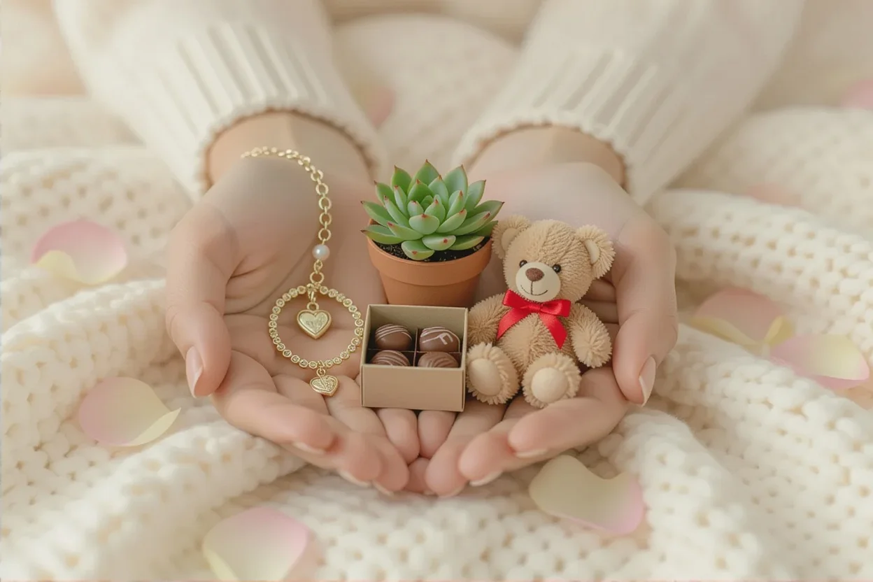 Collection of small romantic gifts including charm bracelet, succulent plant, chocolates and teddy bear representing thoughtful everyday gestures