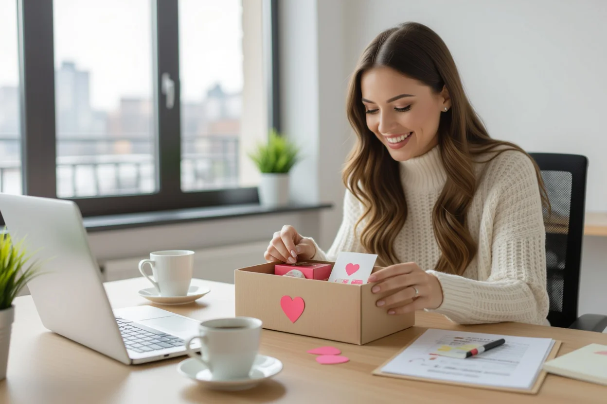 Woman discovering romantic surprise gifts and notes in work desk drawer, showing thoughtful workplace gesture from partner