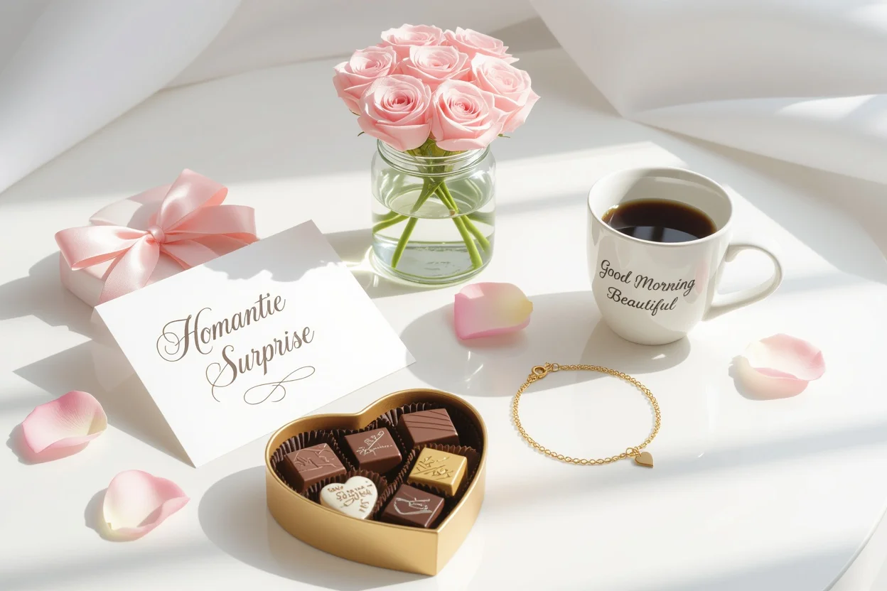 Romantic surprise gifts arranged on marble surface including love notes, preserved roses, jewelry and chocolates for daily romantic gestures