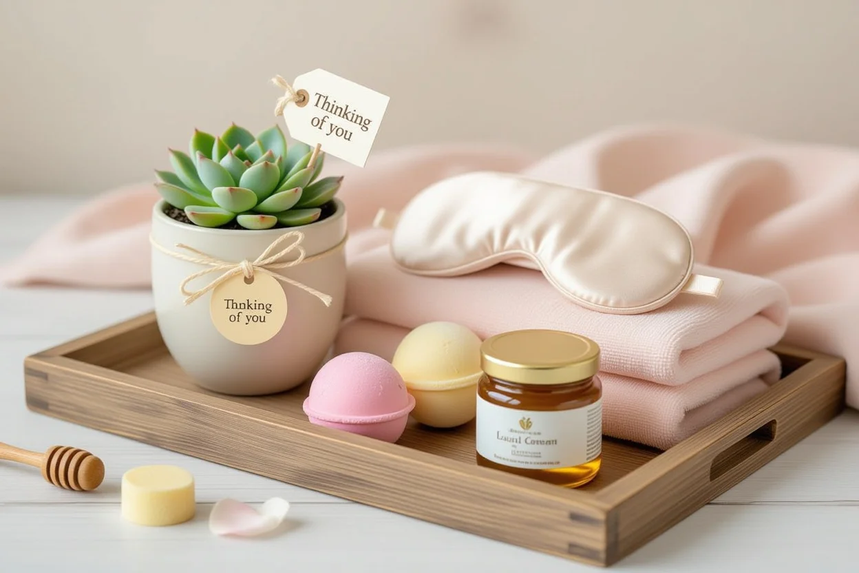 Curated collection of daily romantic gifts including succulent plant, bath products, and personalized items on wooden tray