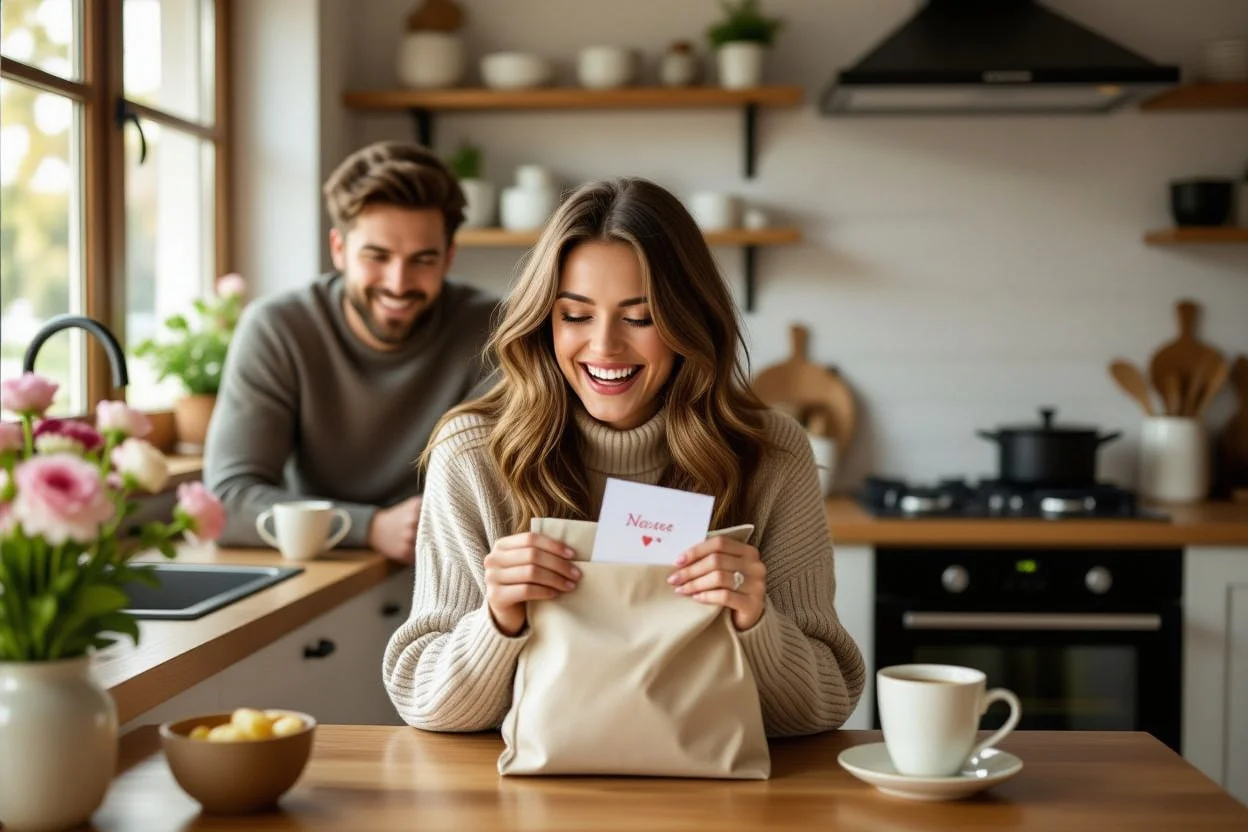 Happy couple in kitchen as woman discovers romantic love note in lunch bag, showing everyday romantic surprise moments
