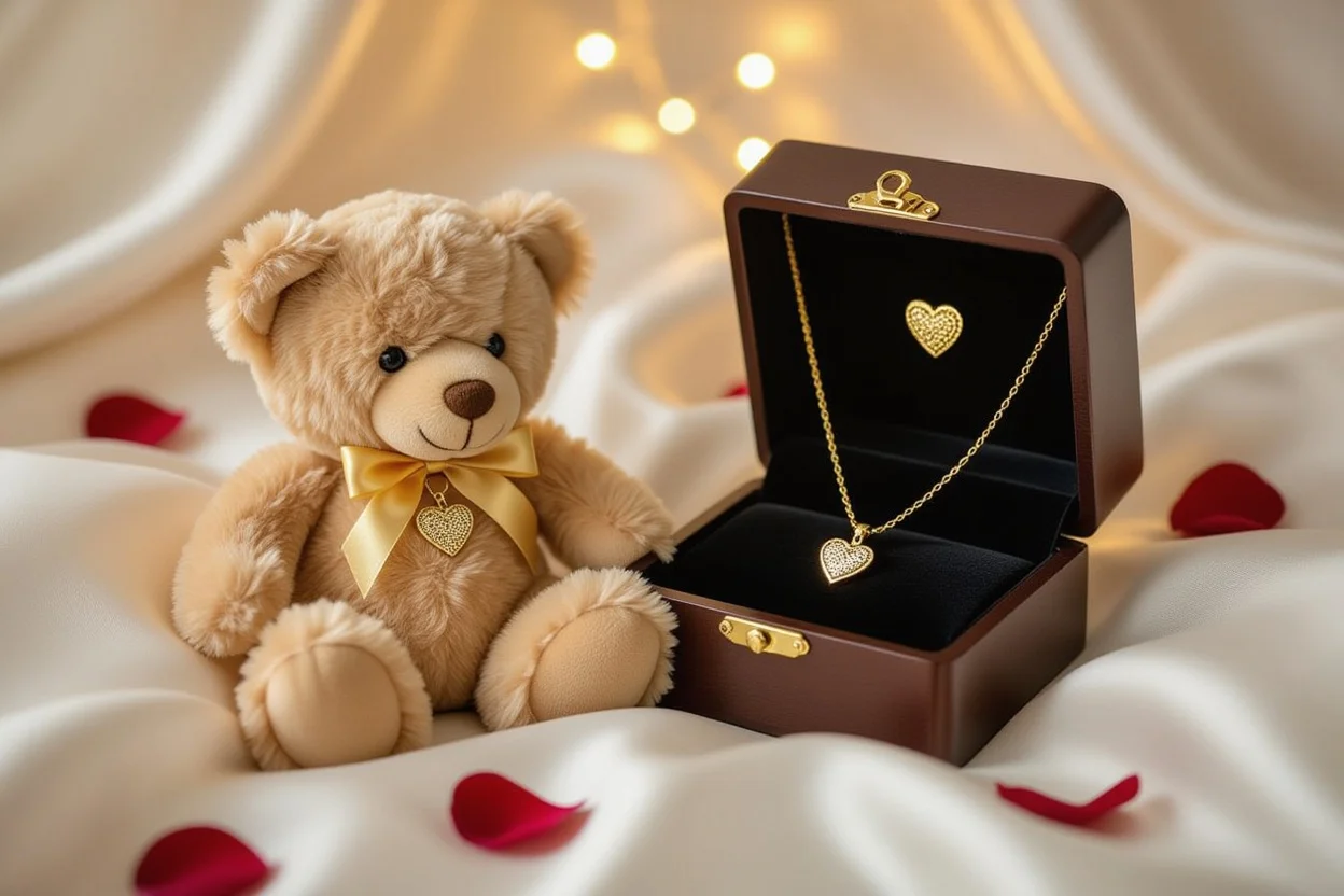 Romantic teddy bear gift with hidden heart necklace being revealed from secret compartment