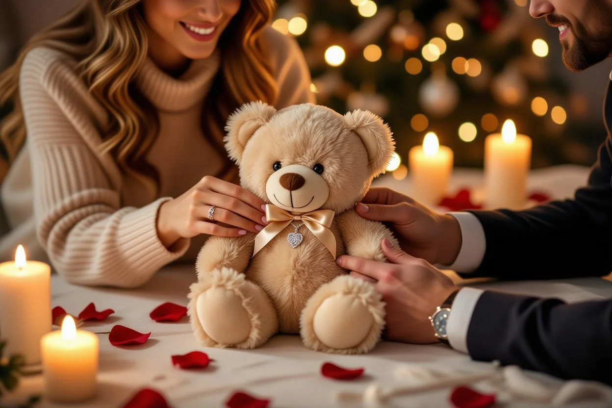 Romantic surprise moment woman discovering hidden necklace gift inside teddy bear from partner