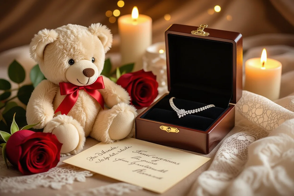 Elegant romantic gift set with teddy bear and jewelry for anniversary or Valentine's Day