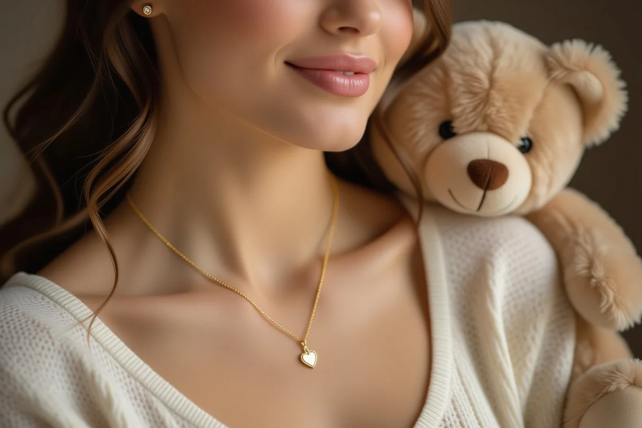 Woman wearing romantic necklace gift from teddy bear surprise showing emotional connection and appreciation