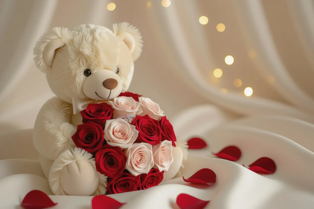 Romantic teddy bear gift with preserved roses and hidden jewelry surprise for girlfriend or wife