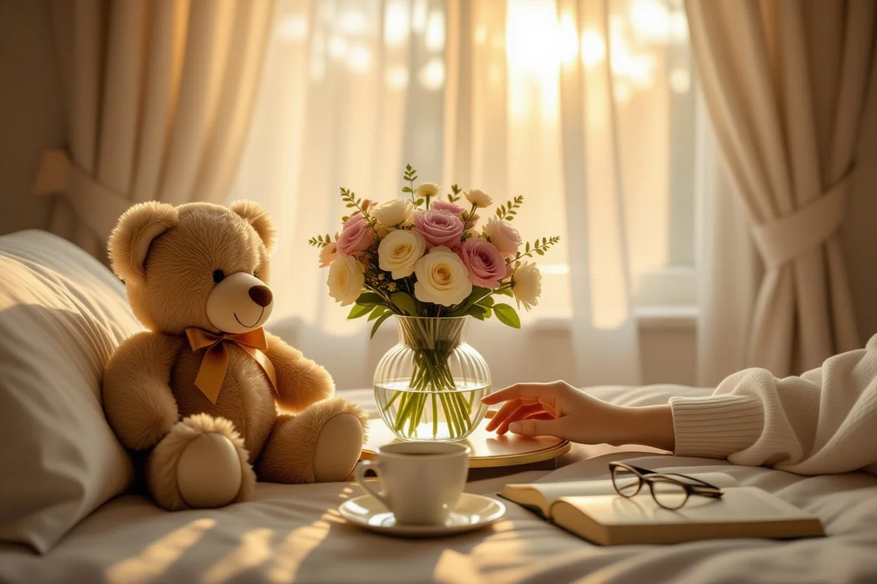 Woman enjoying daily romantic teddy bear and preserved flower gift in bedroom morning scene