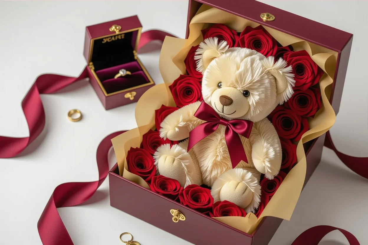 Luxury romantic teddy bear gift set with preserved roses and hidden jewelry in elegant presentation box