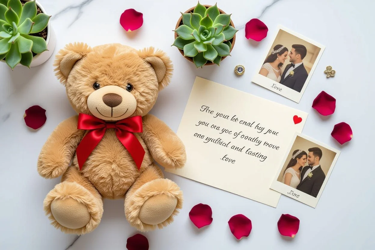 Romantic flat lay with teddy bear, preserved flowers, love letters showing lasting relationship gifts
