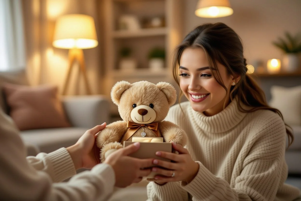 Couple sharing romantic gift moment with surprise teddy bear necklace present