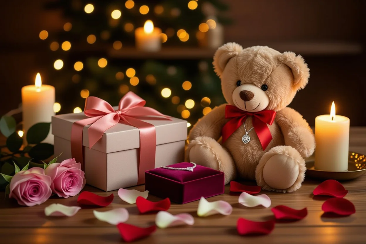 Romantic Valentine's Day gift arrangement with teddy bear and hidden necklace surprise