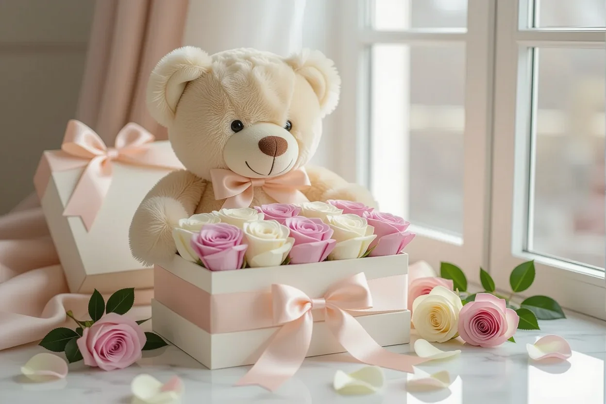Luxury teddy bear gift with preserved roses in elegant presentation box for romantic surprise