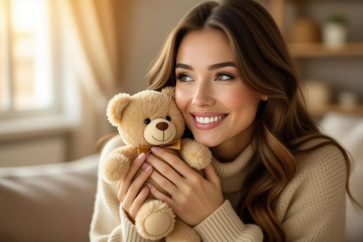 Woman happily receiving surprise teddy bear gift showing genuine joy and appreciation