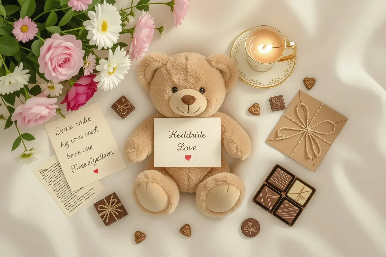Romantic gift arrangement with teddy bear and thoughtful presents for expressing everyday love