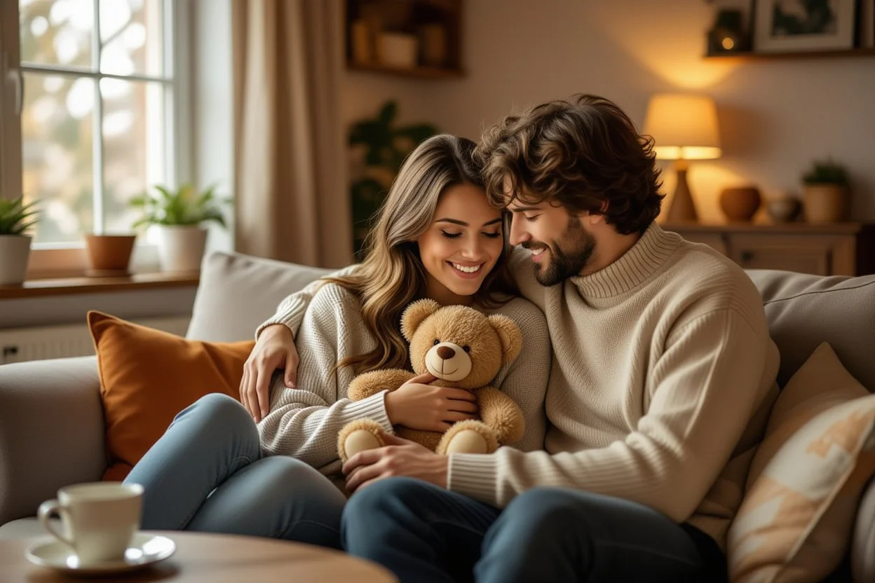 Loving couple sharing intimate moment with thoughtful teddy bear gift in cozy home setting