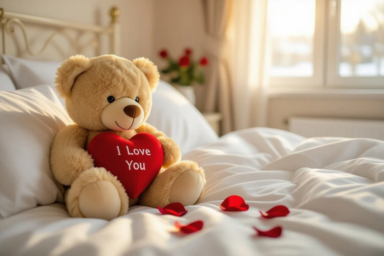 Romantic teddy bear gift with I love you heart on bed with rose petals for Valentine's Day