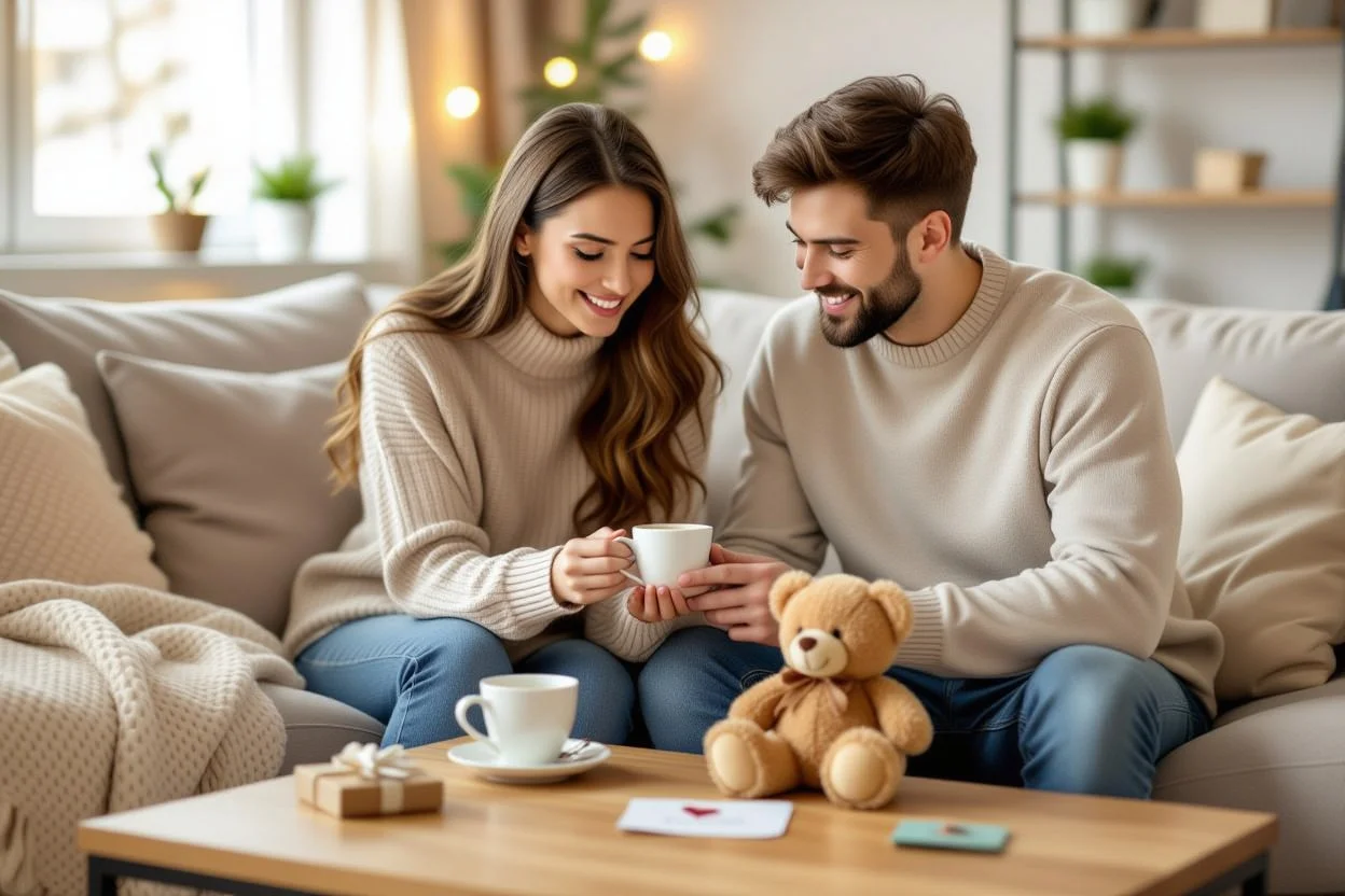 Everyday romantic surprise gift teddy bear on coffee table with morning coffee and love note