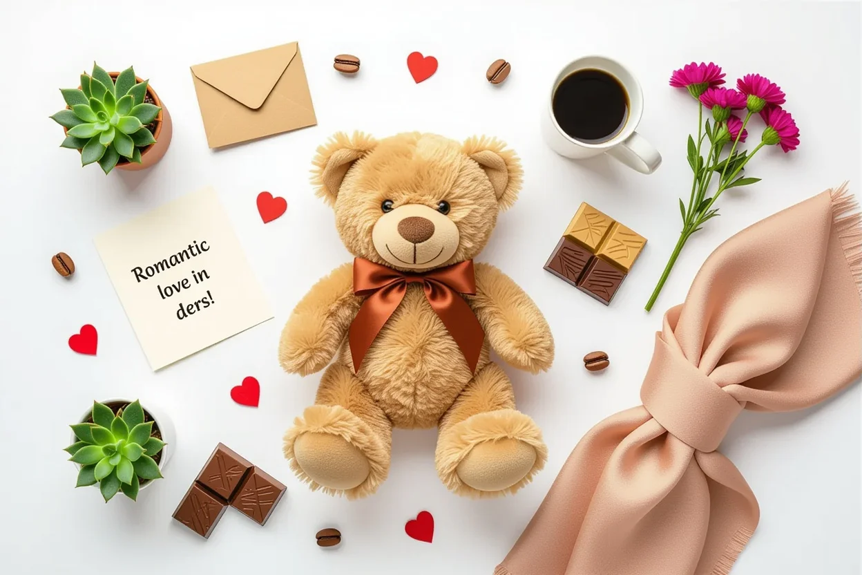 Romantic gifts for her flat lay arrangement with teddy bear and everyday love gifts gift guide