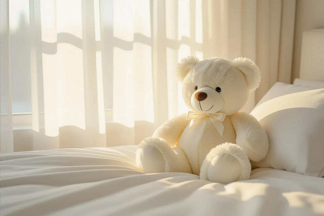 Premium white teddy bear romantic gift on bedroom nightstand with soft morning lighting