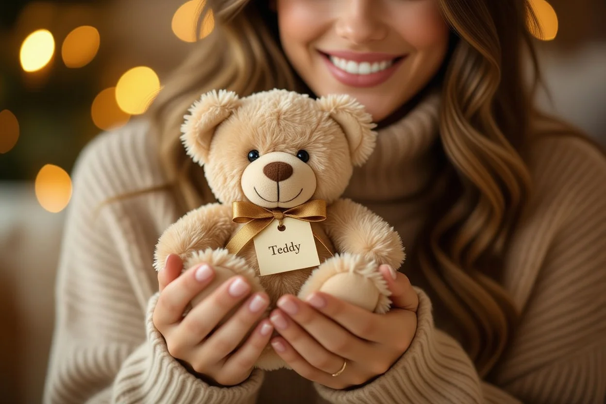 Woman holding surprise teddy bear gift with joyful expression and warm lighting