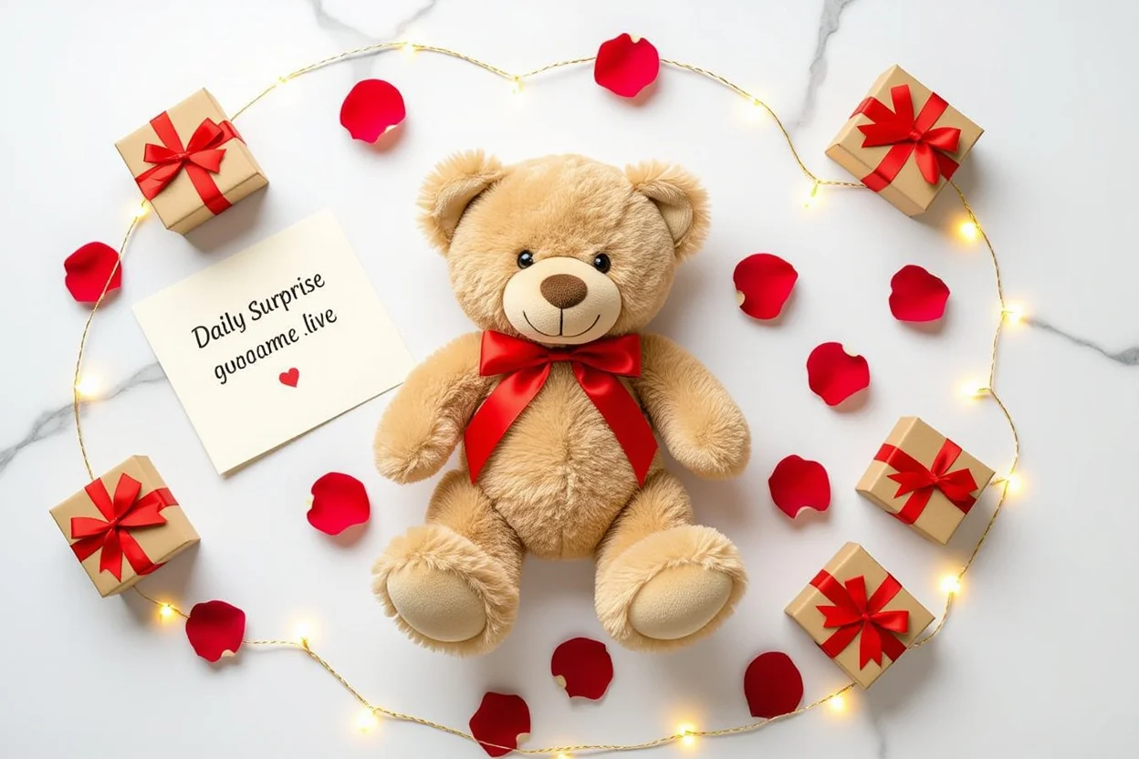 Romantic flat lay with teddy bear surrounded by rose petals, love notes, and gift boxes