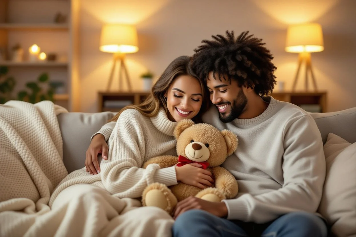 Happy couple cuddling with teddy bear on couch in cozy living room setting