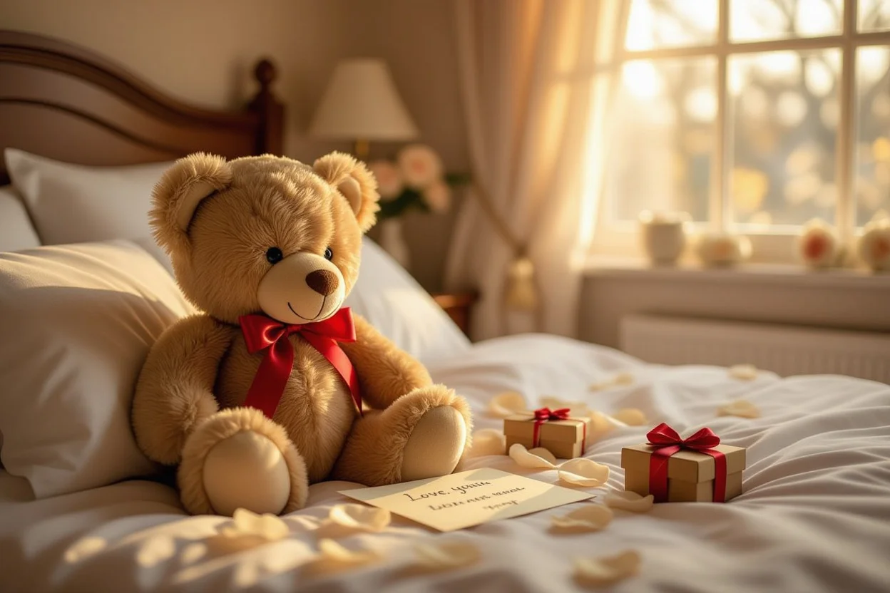 Romantic teddy bear gift with rose petals and love note on bed for daily surprise gifts for her