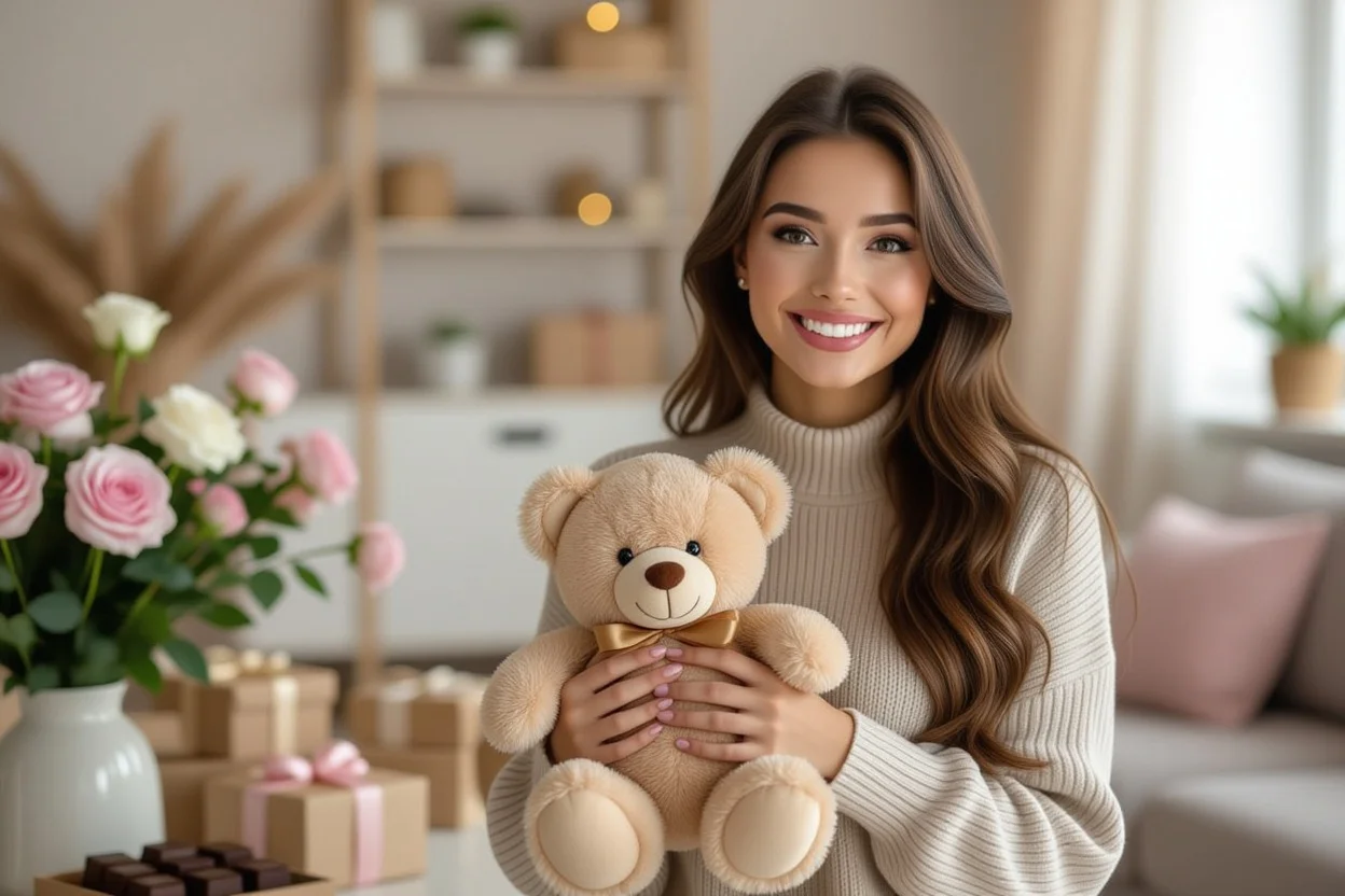 Happy woman receiving surprise teddy bear gift showing joy and appreciation for romantic daily gestures