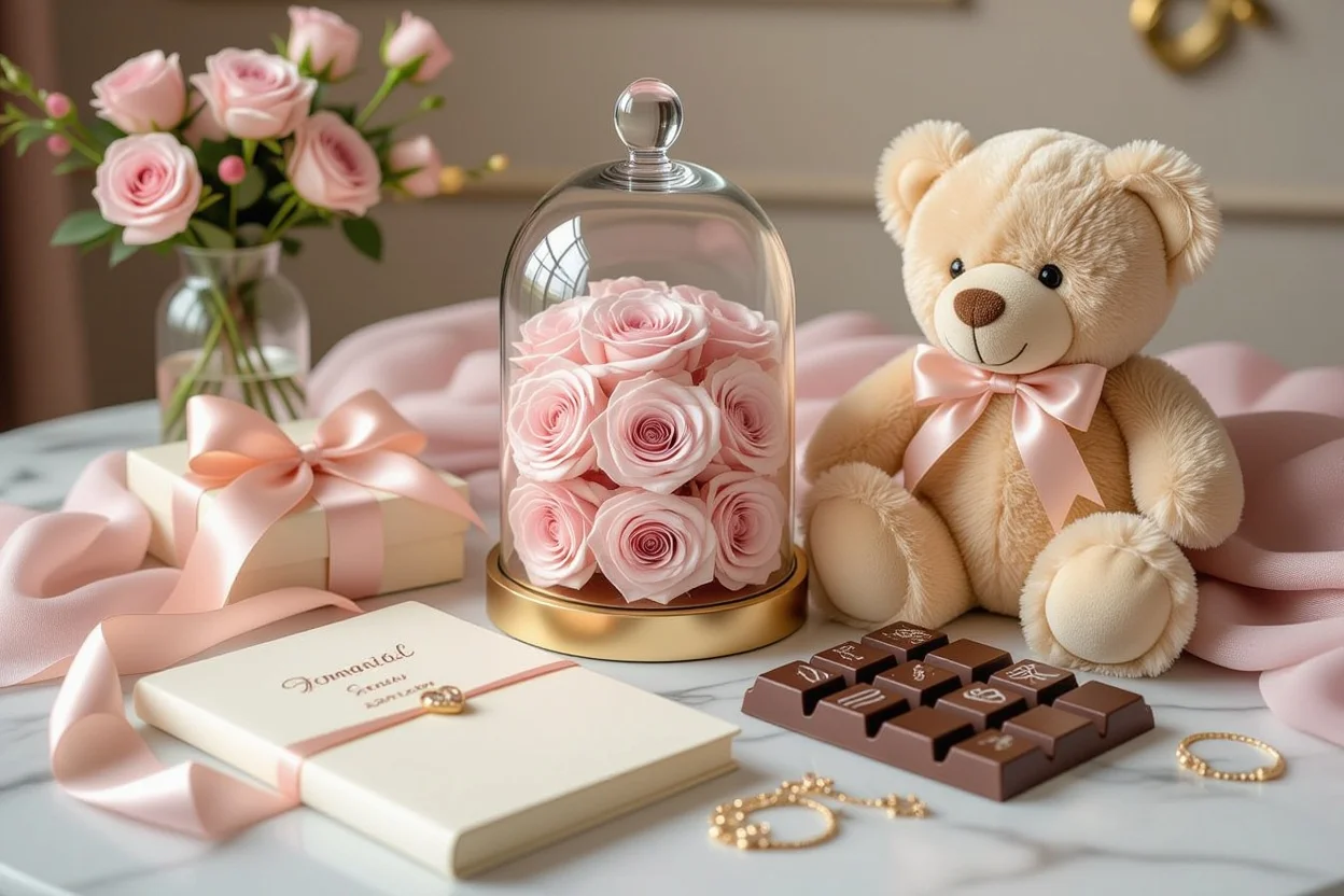 Curated collection of romantic gifts for her including teddy bear and preserved flowers for daily surprises
