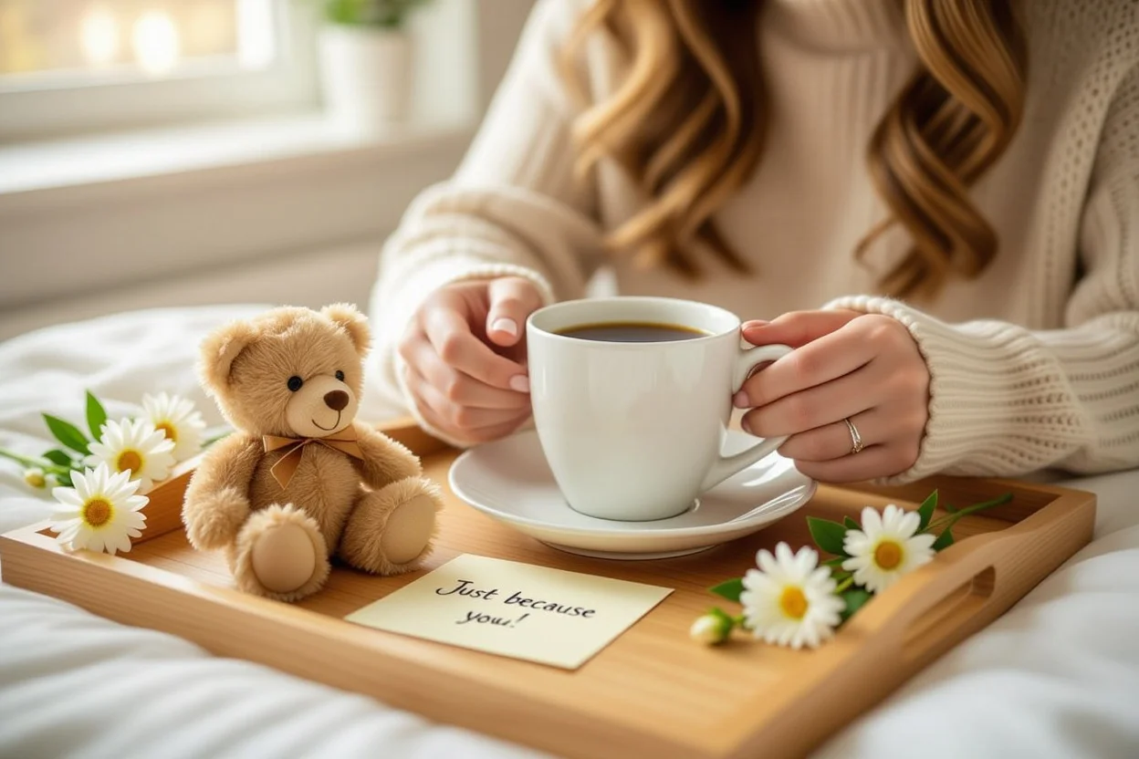 Intimate morning surprise with teddy bear and coffee showing daily romantic gestures and thoughtful gift giving