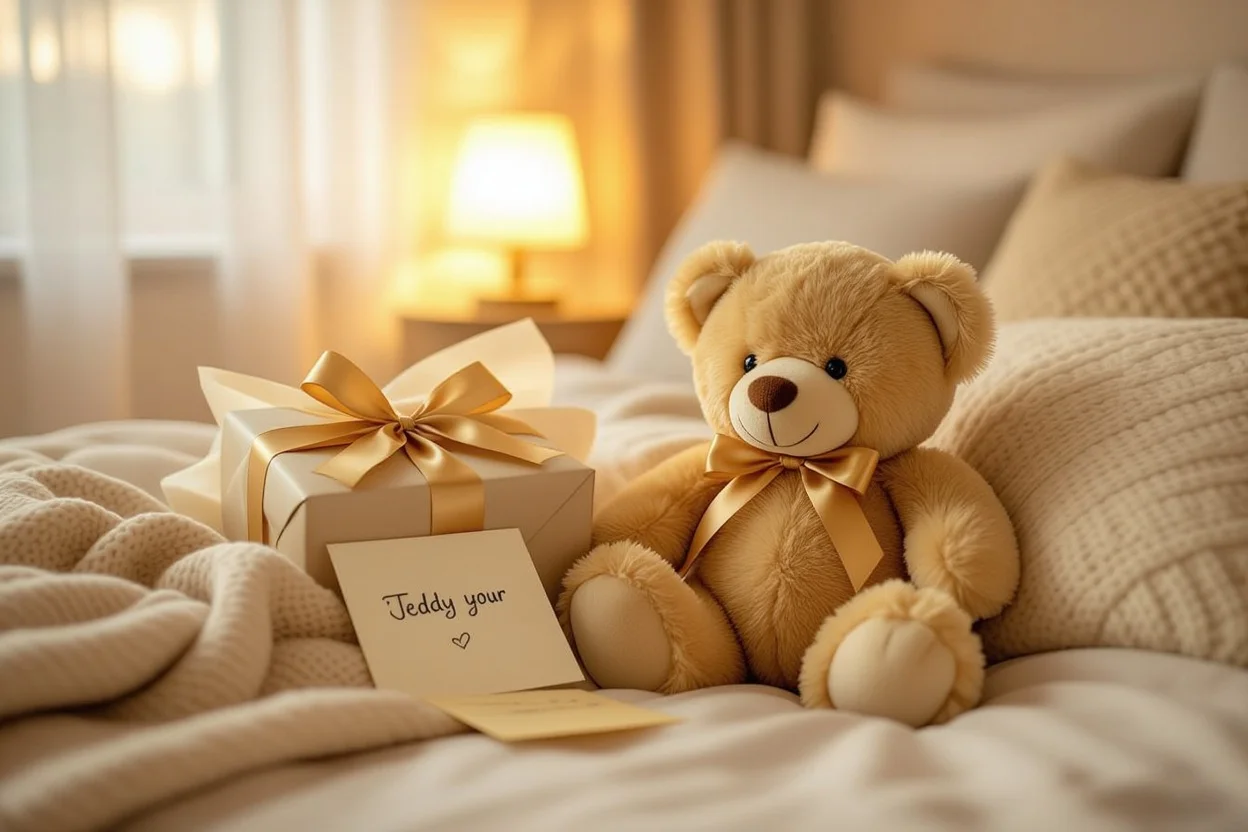 Romantic teddy bear gift wrapped beautifully on cozy bed with warm lighting and handwritten note