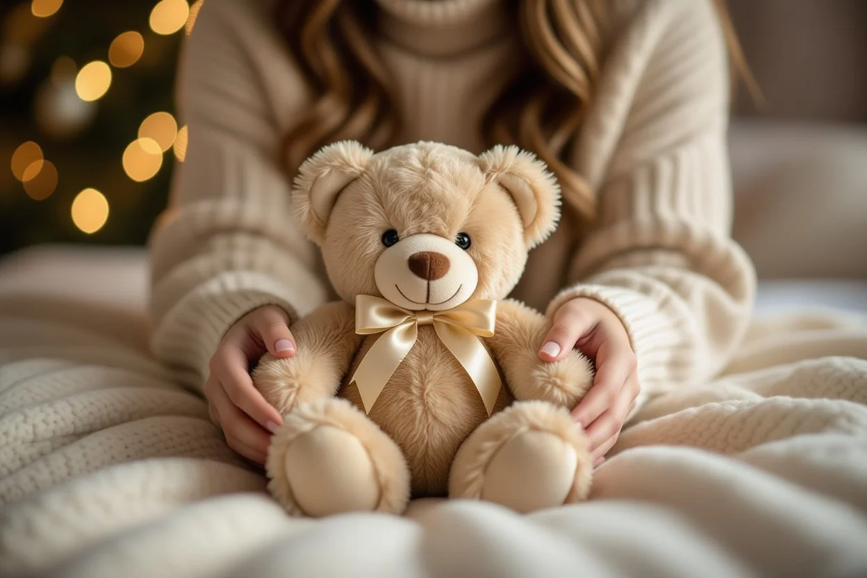 Hands presenting luxury teddy bear gift in tender romantic moment with soft lighting