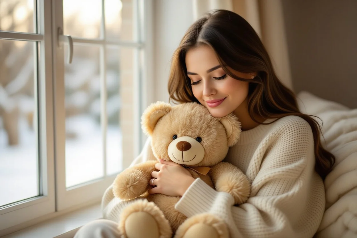 Woman peacefully hugging teddy bear by window showing comfort and security from romantic gift