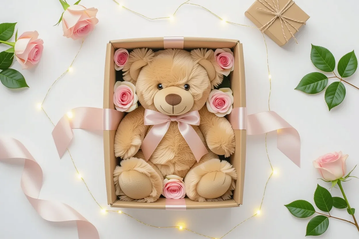 Elegant teddy bear gift arrangement with roses and fairy lights for romantic gift guide