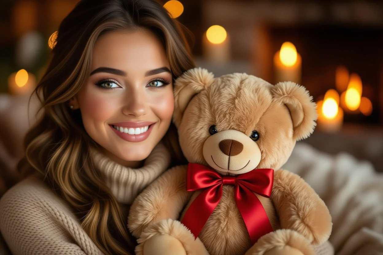 Woman receiving luxury teddy bear gift with surprised and delighted expression