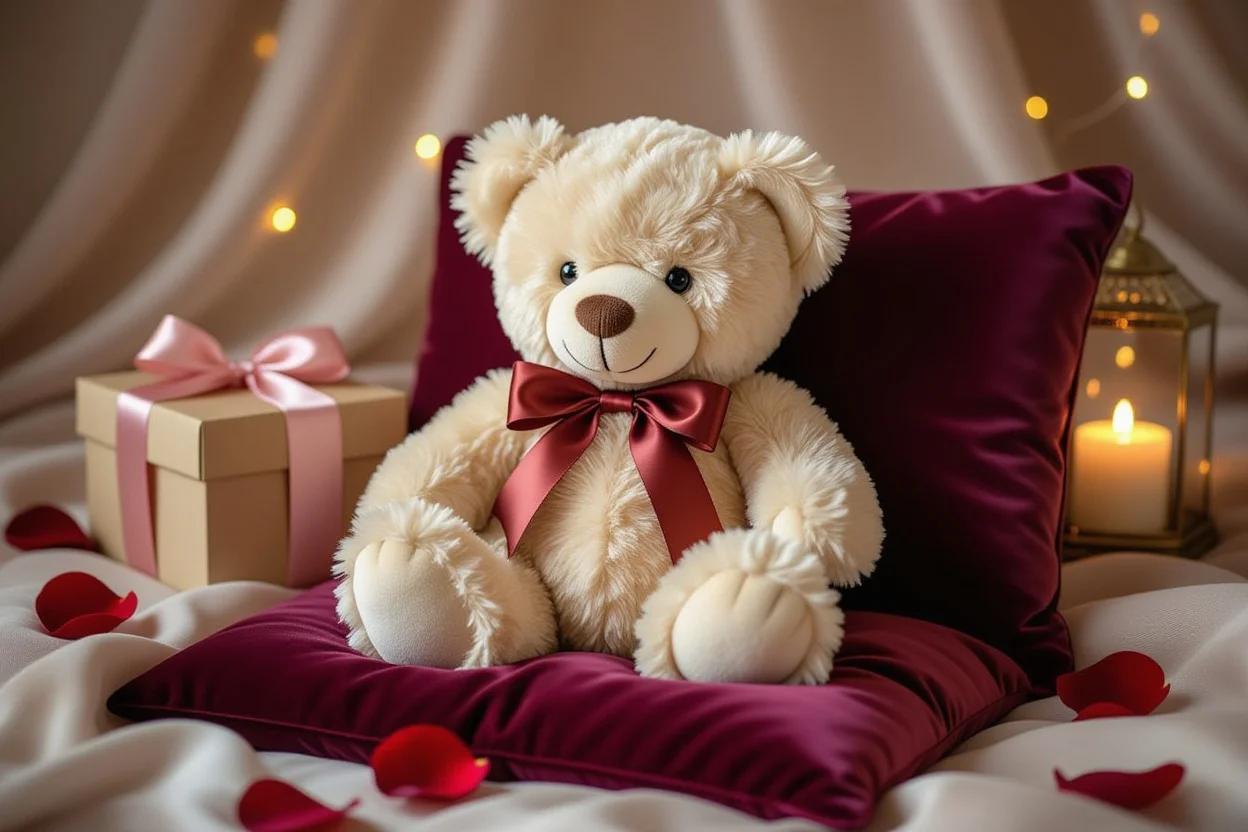 Luxury Mountova teddy bear displayed with roses and elegant romantic gift presentation